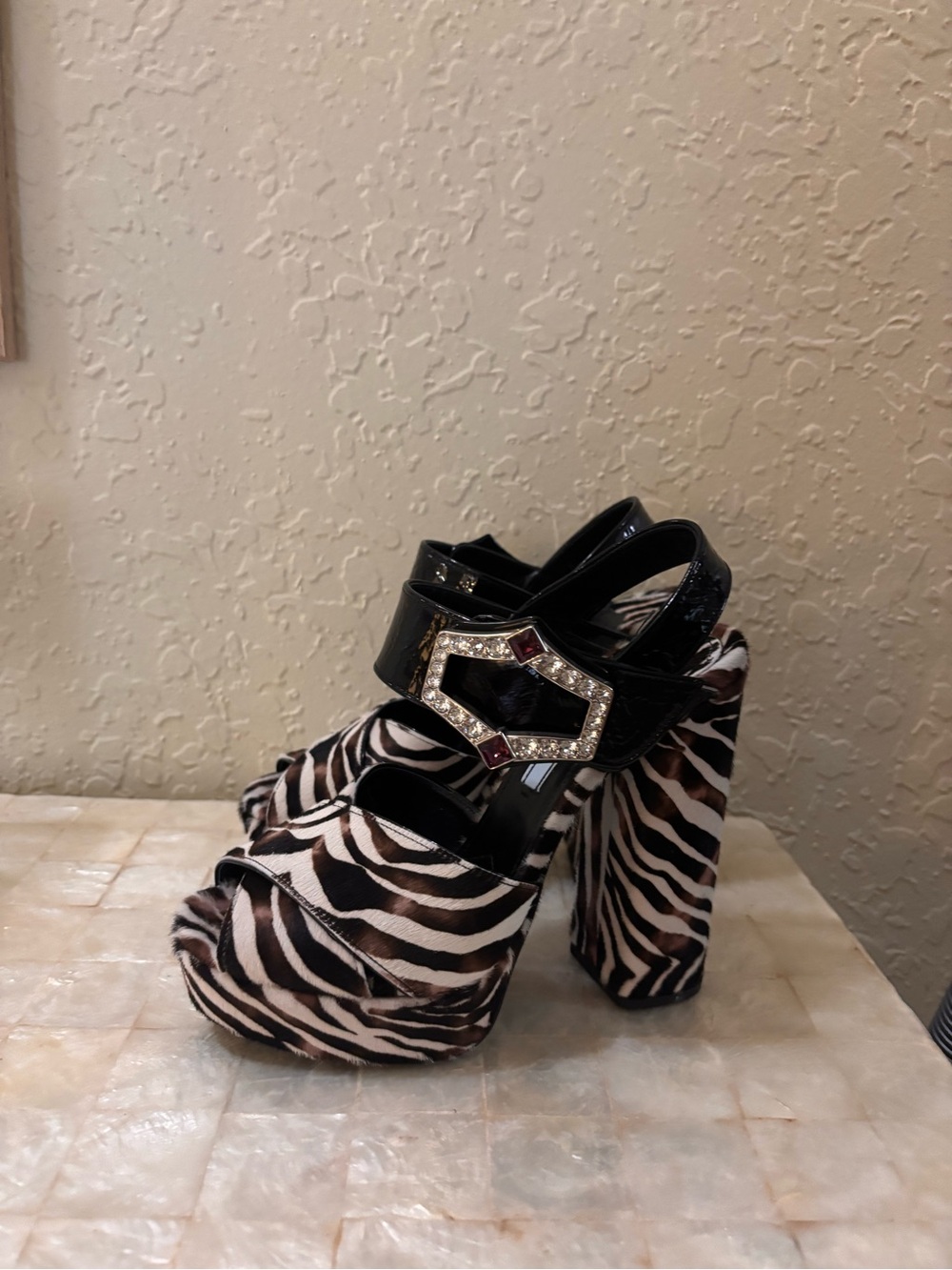 Prada Black and Zebra Print Platform Sandals with Crystal Buckle